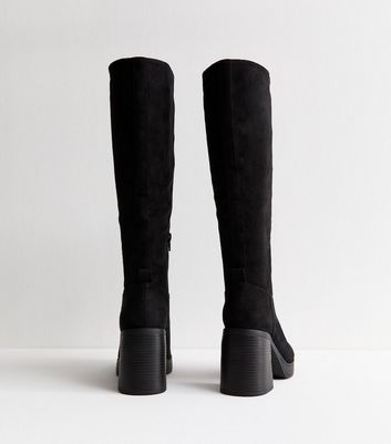 Black Faux Suede Platform Knee High Boots - New Look